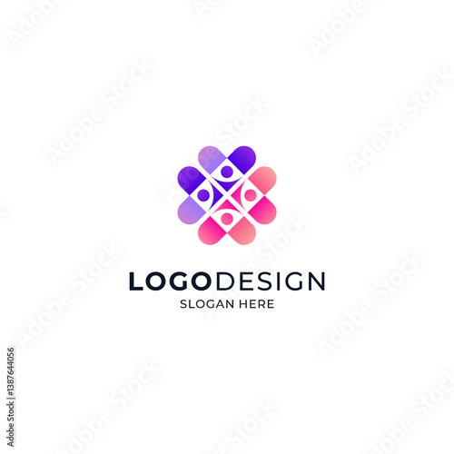 A group of people, flowers, and hearts in feminine colors for the logo of an orphanage, child protection, social welfare, and education.