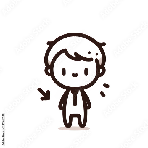 Confused businessman line drawing with arrow, brown and white, uncertain professional illustration on white