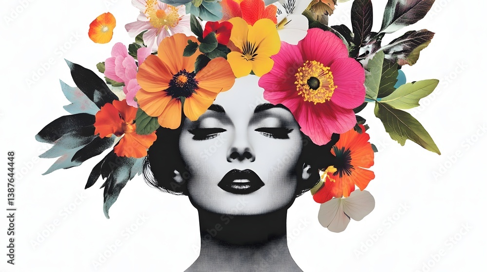Elegant Floral Surreal Portrait of Vintage Hollywood Beauty