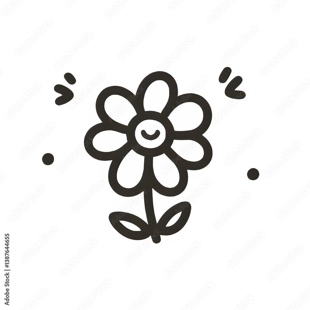Happy line drawing flower, black and white, joyful spring illustration Happy line drawing flower, black and white, joyful spring illustration