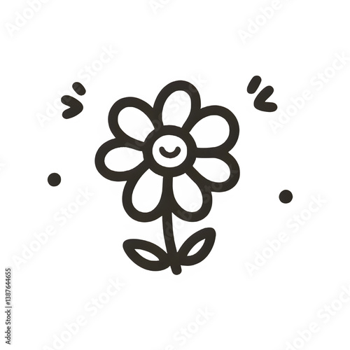 Happy line drawing flower, black and white, joyful spring illustration