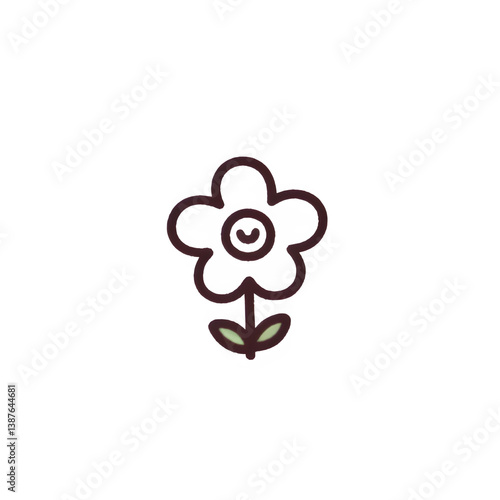 Simple line art flower, brown and green, spring icon