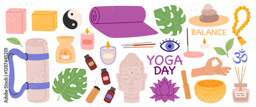 Yoga elements set. Collection of things, equipment for yoga, incense sticks, oils, mat, block, tea, candle. Flat Vector illustration isolated on white background