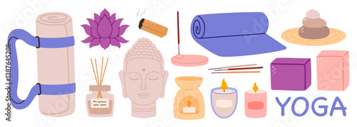 Yoga elements set. Collection of things, equipment for yoga, incense sticks, oils, mat, block, candle. Flat Vector illustration isolated on white background