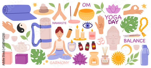 Yoga elements set. Collection of things, equipment for yoga, incense sticks, oils, mat, block, tea, candle. Woman in lotus position meditates. Flat Vector illustration isolated on white background