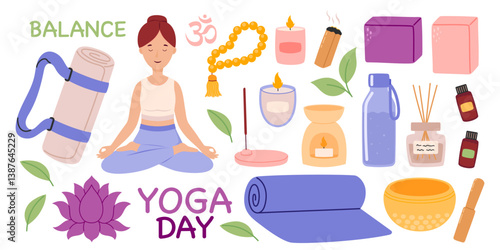 Yoga and meditation elements set. Collection of things, equipment for yoga, incense sticks, oils, mat, block, tea, candle. Flat Vector illustration isolated on white background