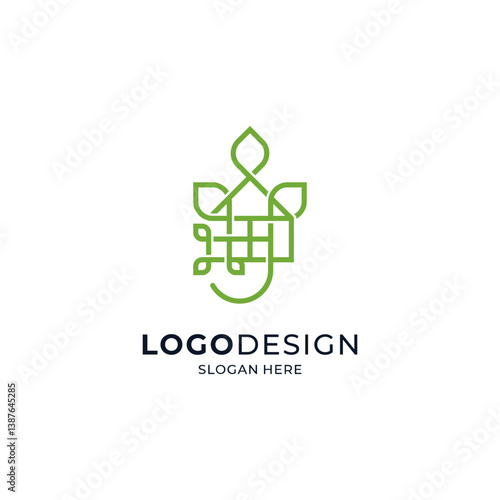 green building and foliage for eco-friendly, botanical and hydroponic housing logo