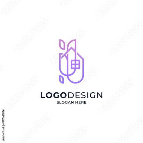 house with purple leaves and flowers for logo of beautiful house, eco-friendly housing, kindergarten and orphanage
