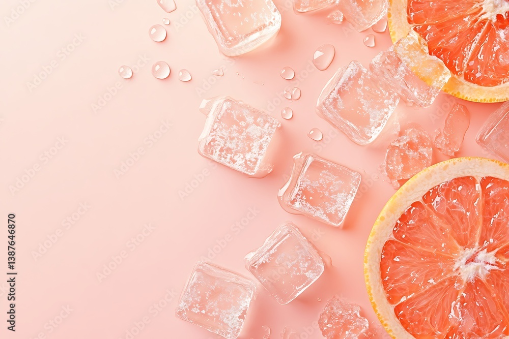 Fototapeta premium Fresh grapefruit slices with melting ice and water drops on pink background, top view