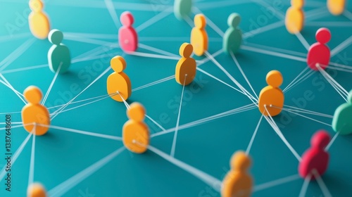 Colorful figures interconnected by thin white lines on a teal background, illustrating a network or social connection.