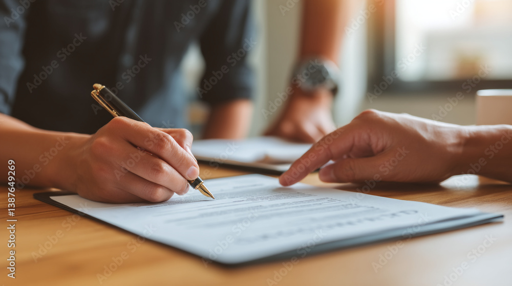 Close up of person signing document with pen while another person points at the paper on a wooden table Close up of person signing document with pen while another person points at the paper on a wooden table