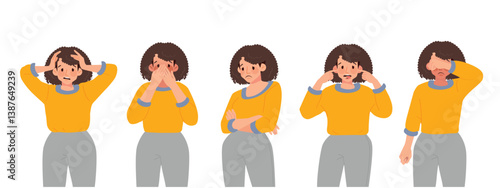 Woman suffers from mental health problems. The concept is paranoid woman in panic. Flat vector illustration isolated on white background.