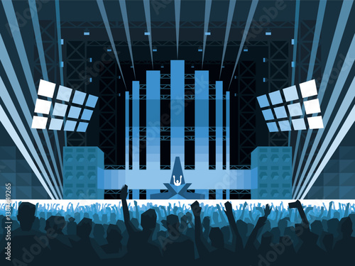 Vector illustration of a concert stage with bright lights and a dancing crowd in a stadium. Night event or music festival concept.