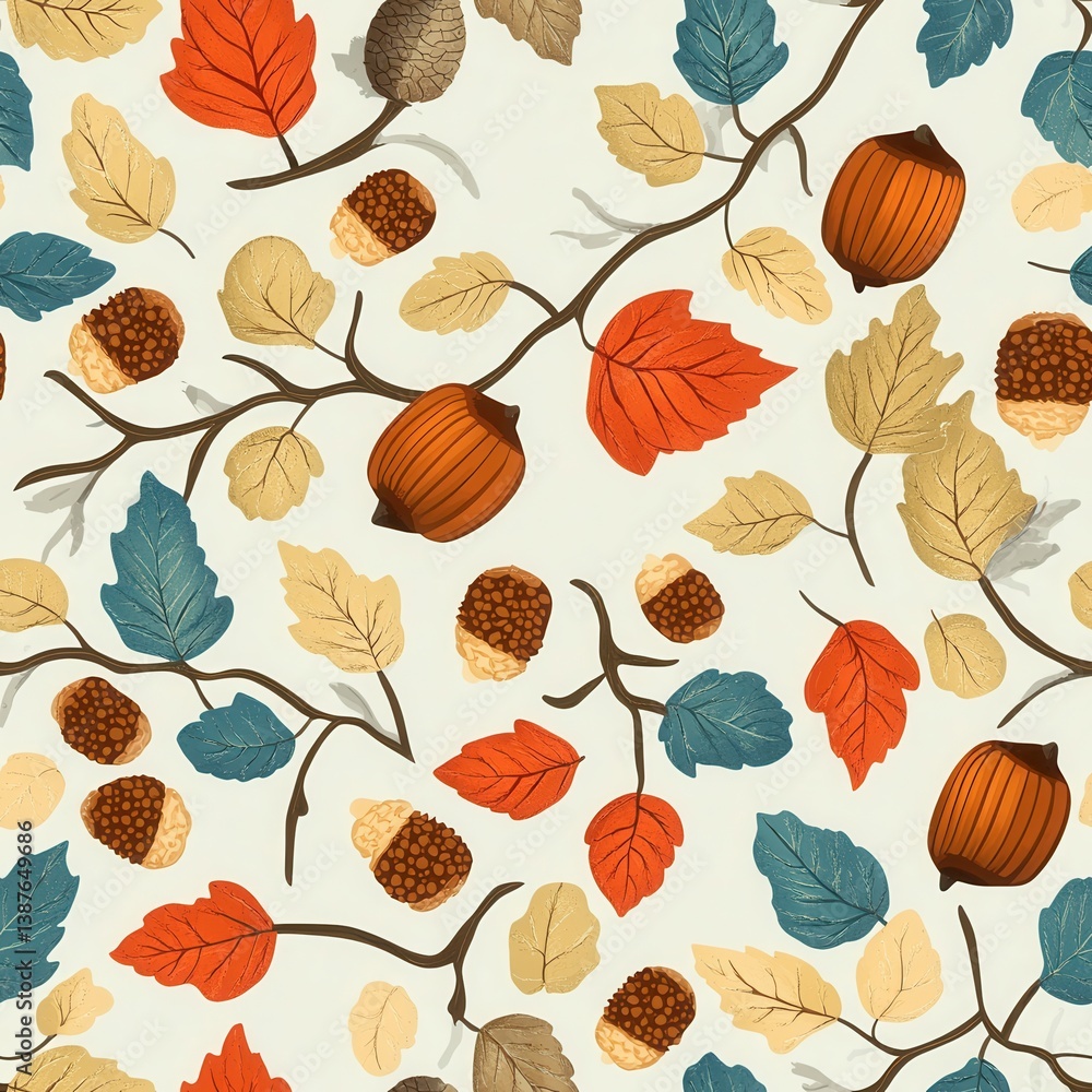 Fototapeta premium Autumn leaves and acorns pattern with colorful foliage