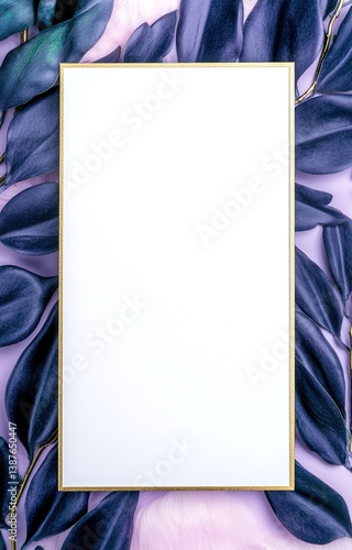 Blank White Frame With A Gold Border, Surrounded By A Floral Arrangement Of Leaves 