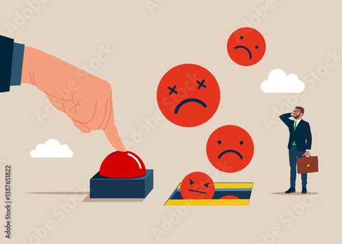 Hand presses the start red button. Push start to open door and to see wicked faces emoji. Burnout from tiring work or demotivation from failure, stress. Modern vector illustration in flat 
