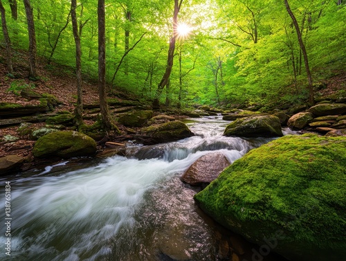 A serene forest scene featuring a flowing stream, lush green trees, and sunlight filtering through the leaves, creating a tranquil atmosphere.