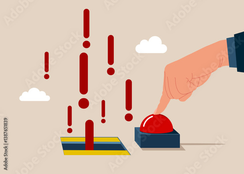 Businessman hand presses the start red button. Push start to open door and to see exclamation marks. Story telling, speak out loud to draw attention and interest, fact important information or secret.