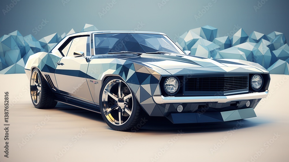Naklejka premium A striking low-poly rende of a classic muscle car, showcasing a bold geometric design and modern wheels against a backdrop of abstract polygonal shapes.
