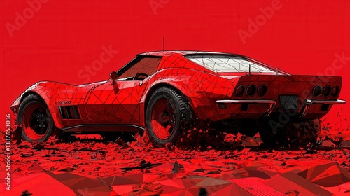 A striking low-poly rende of a classic 1960s red Corvette Stingray sports car, showcased in a dramatic red low-poly landscape, displays its powerful rear profile and iconic