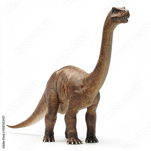 Brachiosaurus model on white background, showcasing its long neck and tail