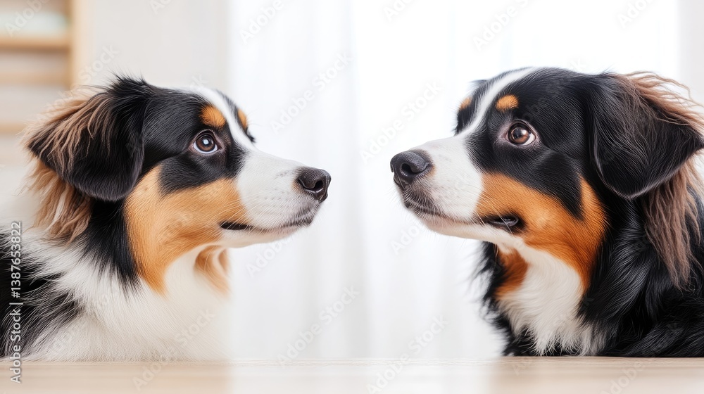 Two dogs face each other, an Australian Shepherd and a Bernese Mountain Dog. They are positioned side by side against a blurred background. The image is high quality with soft lighting. The style is Two dogs face each other, an Australian Shepherd and a Bernese Mountain Dog. They are positioned side by side against a blurred background. The image is high quality with soft lighting. The style is