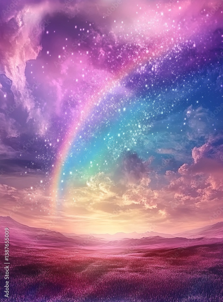 Dreamy landscape with a vibrant rainbow arching through a starry sky over a field of purple flowers. Magical, ethereal, and serene. Dreamy landscape with a vibrant rainbow arching through a starry sky over a field of purple flowers. Magical, ethereal, and serene.