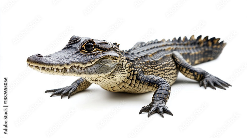 Crocodile isolated on white background, showcasing its textured scales Crocodile isolated on white background, showcasing its textured scales