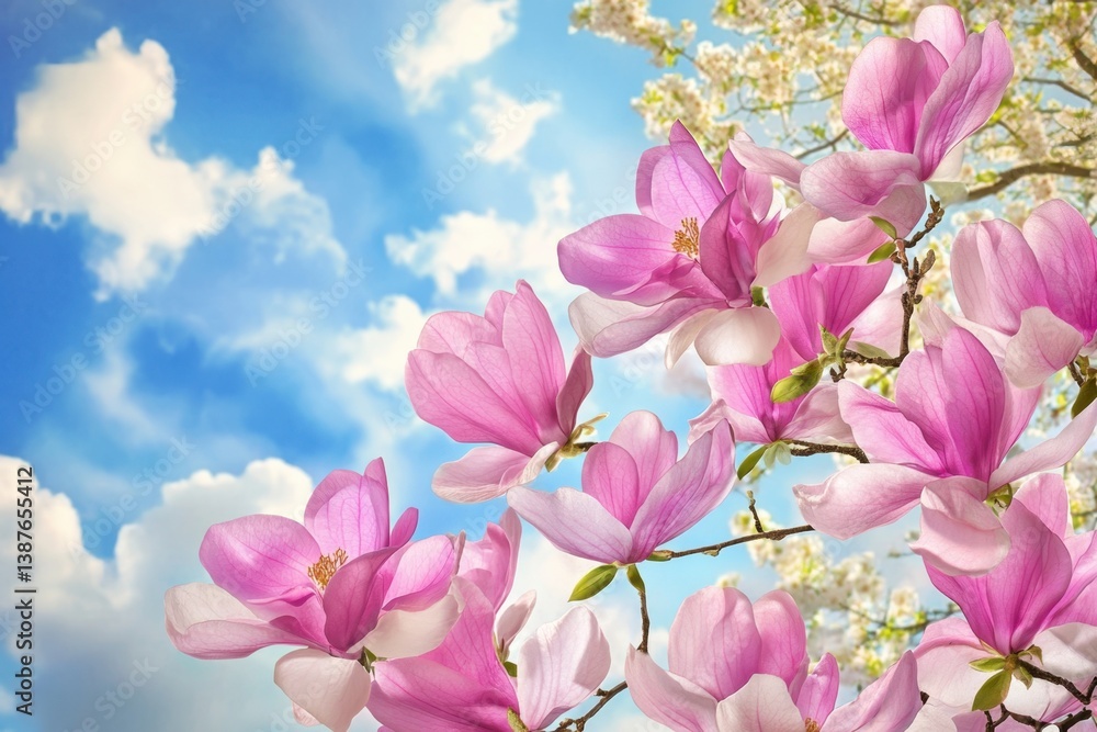 Obraz premium Magnolia flowers bloom under a bright blue sky in springtime