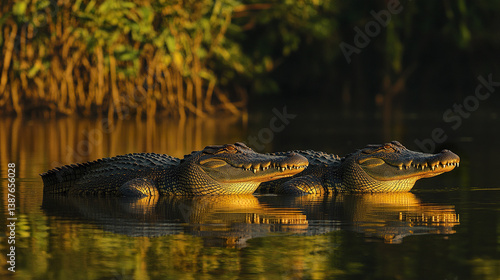 Two crocodiles rest in calm water surrounded by lush greenery