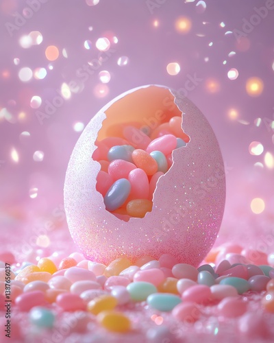 Colorful jelly beans in a cracked Easter egg.