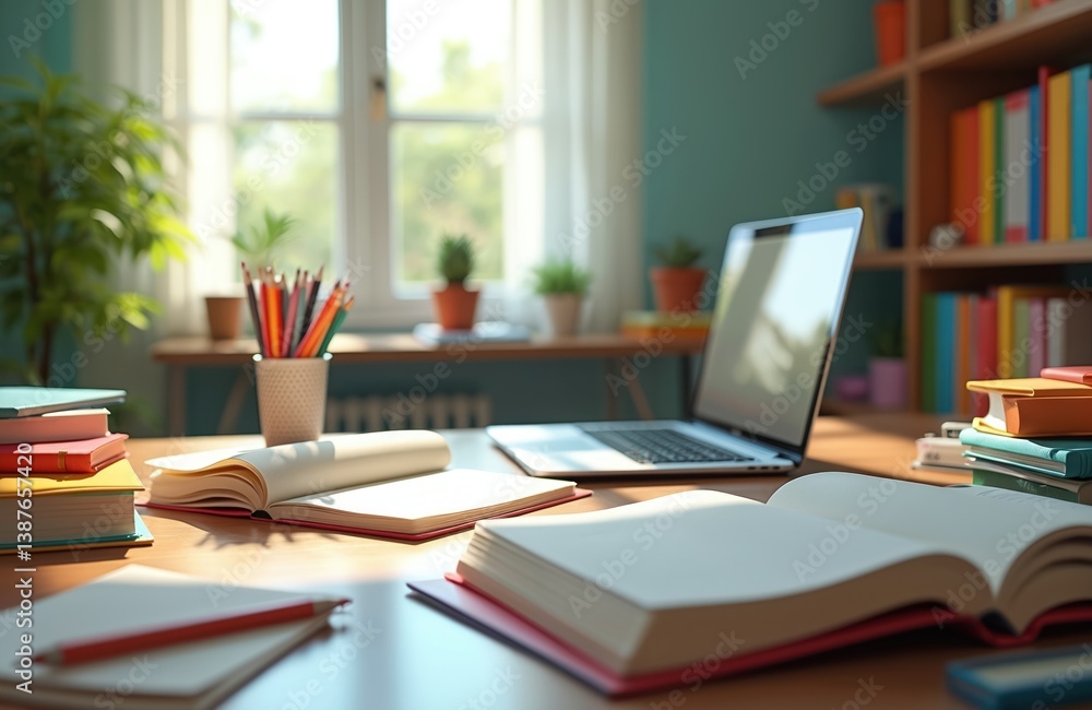 Study desk with open books, pencils, laptop. Colorful books, folders, plants create calm atmosphere. Learning, online education, home schooling concepts. Back to school time. Ideal for presentations, Study desk with open books, pencils, laptop. Colorful books, folders, plants create calm atmosphere. Learning, online education, home schooling concepts. Back to school time. Ideal for presentations,