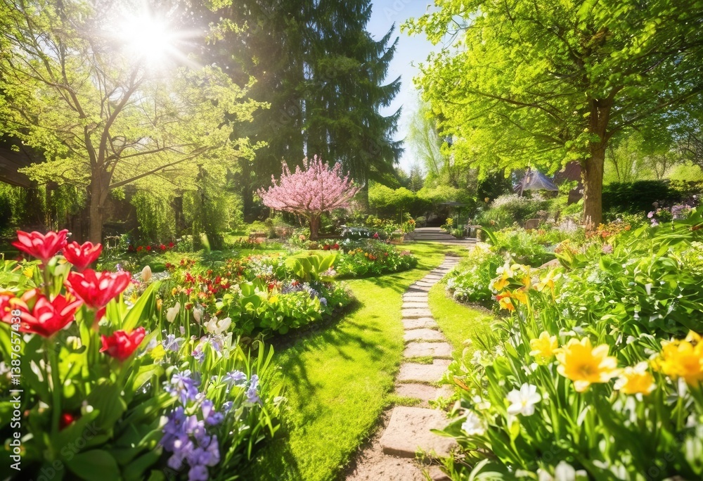 Serene spring garden pathway with vibrant flowers and lush greenery Serene spring garden pathway with vibrant flowers and lush greenery
