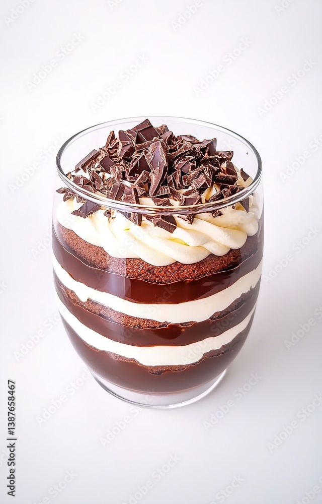 Delicious dessert parfait with layers of cream chocolate and cake topped with chocolate shavings