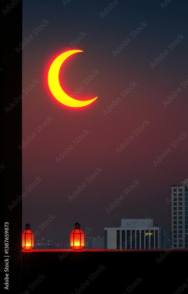 Urban Ramadan Elegance Crescent Moon Illuminated Skyscrapers and Lanterns