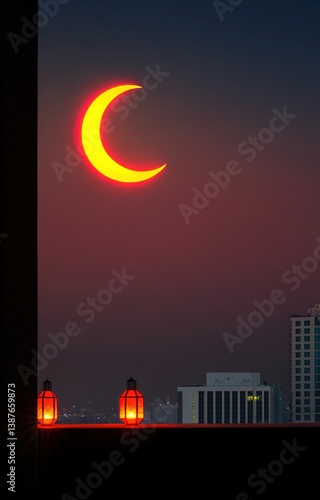 Obraz na płótnie Urban Ramadan Elegance Crescent Moon Illuminated Skyscrapers and Lanterns w salonie