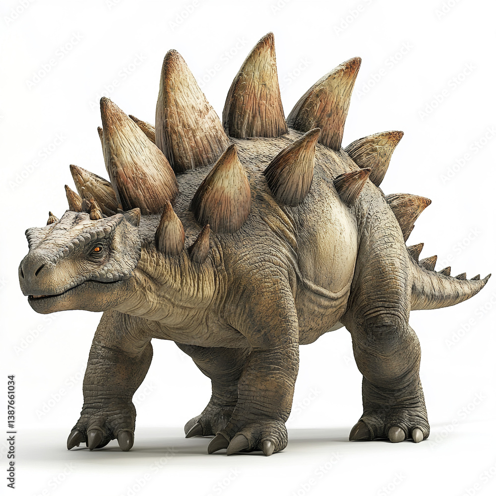 Fototapeta premium realistic Stegosaurus with large plates on its back stands on white background