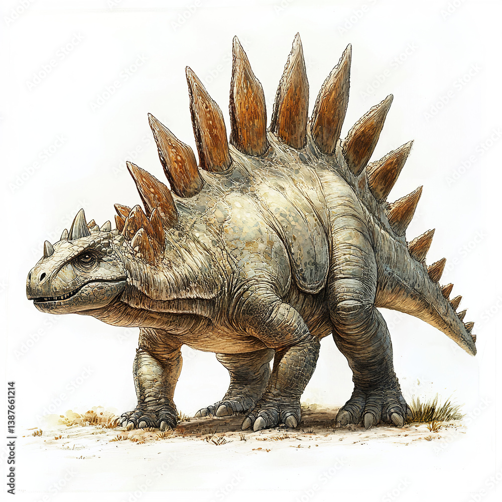 Fototapeta premium Stegosaurus with spiked plates on its back, standing on white background