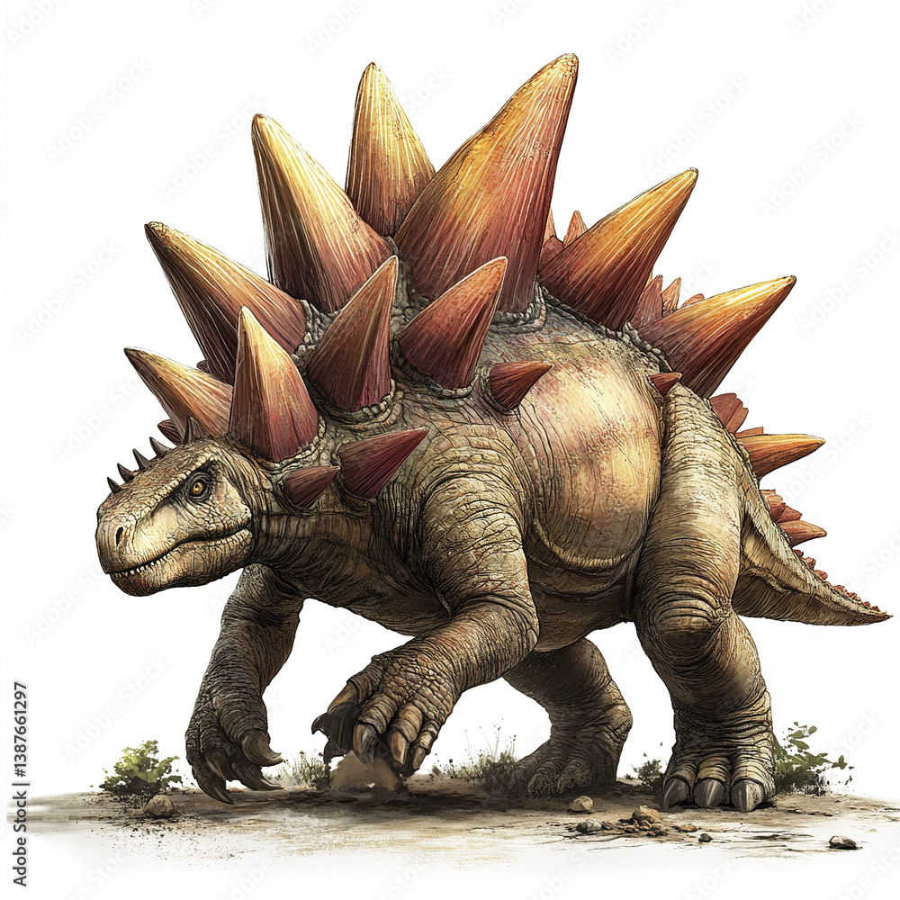 Fototapeta premium Stegosaurus with spiked back on white background, looking fierce