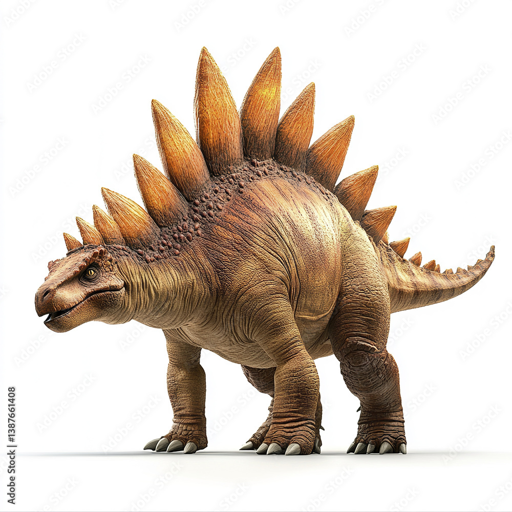 Fototapeta premium realistic Stegosaurus with spiked plates stands on white background