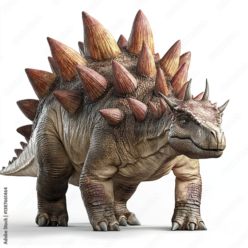 Fototapeta premium Stegosaurus with spiked back on white background, looking fierce