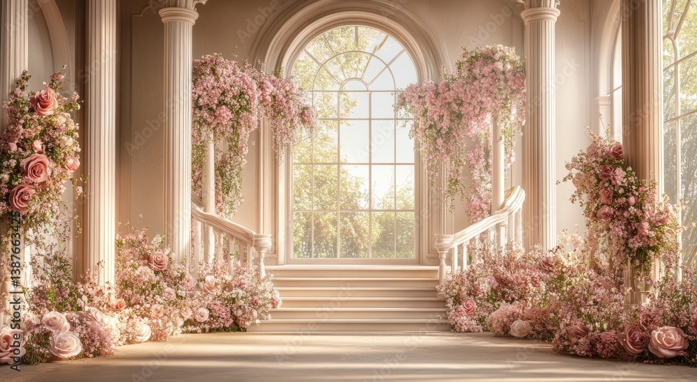 A grand classical interior adorned with beautiful blossoming flowers A grand classical interior adorned with beautiful blossoming flowers