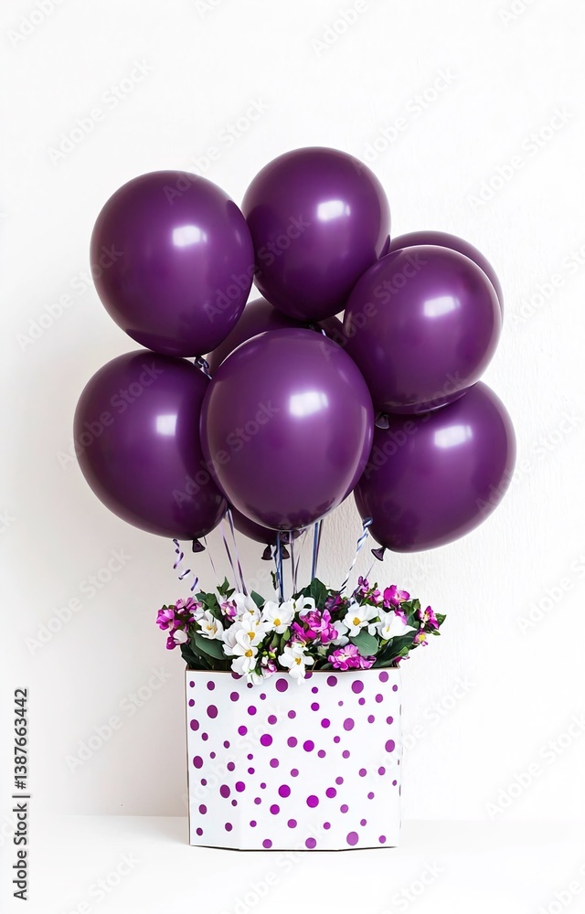 Elegant purple balloon arrangement in a gift box with floral accents for celebrations and special occasions