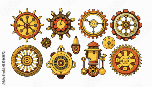 Steampunk Gears and Instruments: A captivating collection of detailed, illustrative steampunk-style gears, wheels, and instruments in various designs.