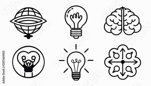 Illumination and Ideas: A collection of clever icons showcasing light bulbs, a human brain, and an eye-like shape representing intellect, innovation, and insightful thinking.