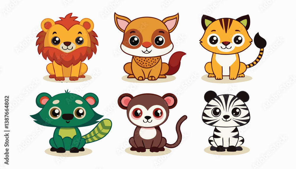 Funny Cartoon Animals Set with Cat, Dog, Bear, Tiger, Pig, Fox, Cow, and More in Cute and Fun Safari Style Funny Cartoon Animals Set with Cat, Dog, Bear, Tiger, Pig, Fox, Cow, and More in Cute and Fun Safari Style