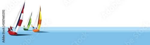 Colorful sailboats with people sailing on a calm sea in a flat minimalist vector style.