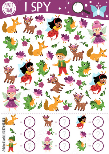Fairyland I spy game for kids. Searching and counting activity with bug fairy, elf, deer, flower, animals, dragon, bird. Fairytale printable worksheet. Simple fantasy spotting puzzle with little girl