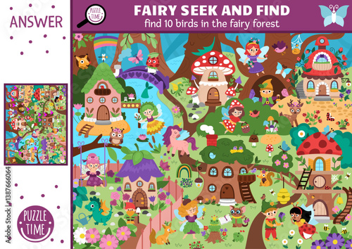 Vector fairyland searching game with enchanted forest landscape, houses, fairies, garden. Spot hidden birds in the picture. Simple magic fairytale seek and find educational printable activity for kids