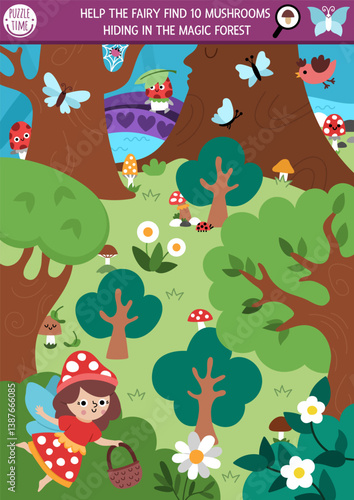 Vector fairyland searching game with enchanted forest landscape, fairy, basket. Spot hidden mushrooms in picture. Simple magic fairytale seek and find educational printable activity for kids